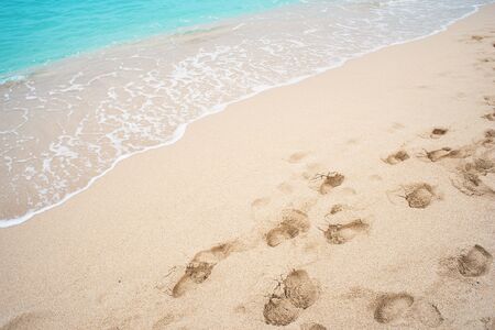 Footprints on the sandy coastlineの写真素材