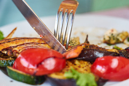 Macro photo from cutlery slicing lunchの写真素材