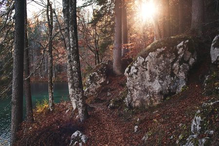The Coast of Fusine lake in Italy at sunsetの写真素材