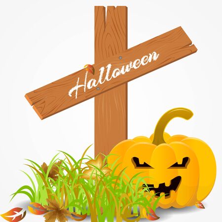 Halloween card with a pumpkin and leaves on a cemeteryのイラスト素材