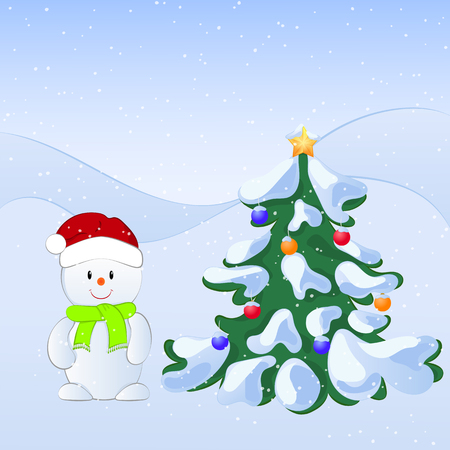 Vector cartoon illustration of a winter scene with a cute snowman and snow covered fir tree. New Year illustration. Christmas illustrationのイラスト素材