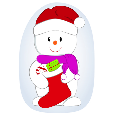 VVector cartoon illustration of a cute snowman with gifts in sock New Year illustration. Christmas illustrationのイラスト素材