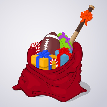 Open Santa Claus bag full of gift and present boxes isolated on grey background. Simple cartoon style. Vector illustration.のイラスト素材