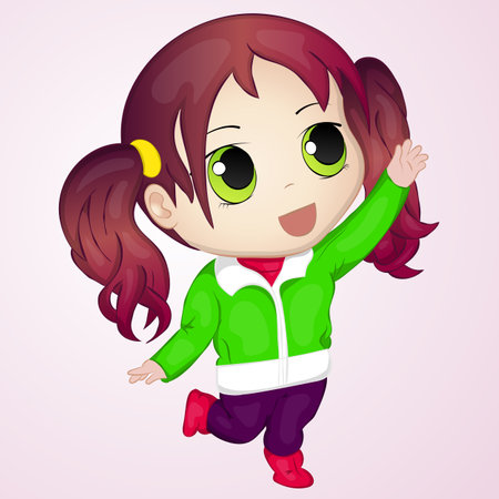 Cute anime chibi little girl trying to take somthing. Simple cartoon style. Vector illustration. New Year Collection.のイラスト素材