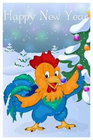 Funny and cute Rooster with Christmas Tree. Merry Christmas and Happy New year greeting card. Christmas card in cartoon style. Vector illustration. New Year Collection.のイラスト素材