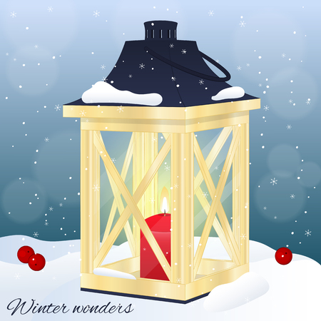 Christmas greeting card or invitation. Winter scene, wooden lantern with candle on snow. Christmas card in cartoon style. Vector illustration. New Year Collection.のイラスト素材