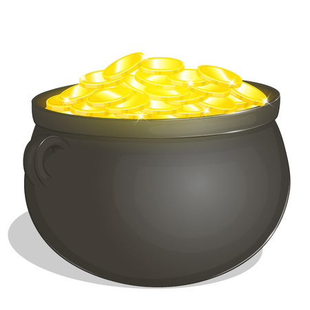 Pot with gold coins for Patricks day isolated on white background in cartoon style. Vector illustration. Holiday Collection.のイラスト素材