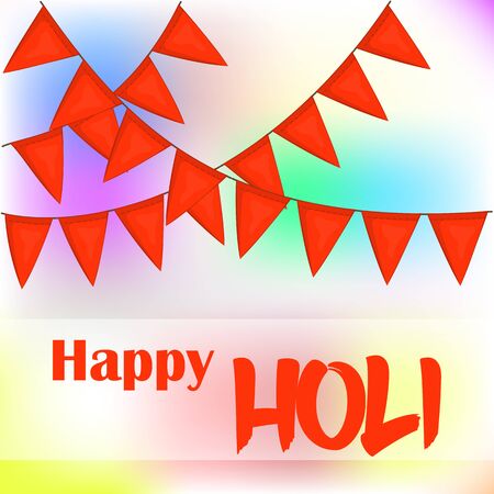 Colorful abstract background or greeting card with orange flags for Indian Traditional Festival. Happy Holi poster or placard template in simple cartoon style. Vector illustration. Holiday Collection.のイラスト素材