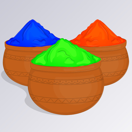 Three pots of colorful gulal or colors powder. Indian traditional paint to celebrate Holi in simple cartoon style. Vector illustration. Holiday Collection.のイラスト素材