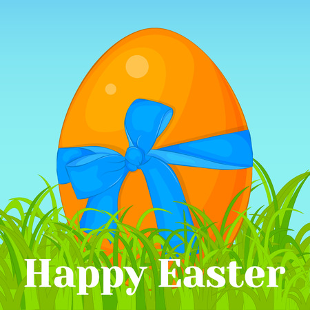 Bright orange Easter egg with blue bow in grass. Holiday background, greeting card, poster or placard template in simple cartoon style. Vector illustration. Holiday Collection.のイラスト素材