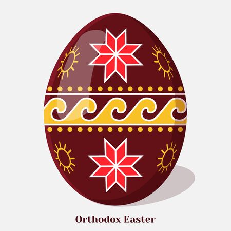 Pysanka. Easter egg with a Ukrainian folk ornament. Holiday background, greeting card, poster or placard template in simple cartoon style. Vector illustration. Holiday Collection.のイラスト素材