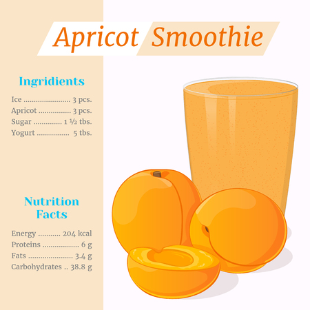 Apricot smoothie recipe. Menu element for cafe or restaurant with ingridients and nutrition facts in cartoon style. For healthy life. Organic raw shake. Vector illustration.のイラスト素材