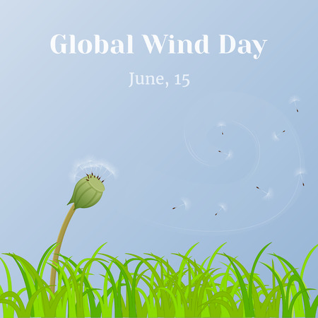 Global Wind Day background with grass and dandelion clock in simple cartoon style. Vector illustration for you design, card, banner, poster, calendar or placard template. June 15. Holiday Collection.のイラスト素材