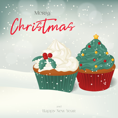 Christmas greeting card, background, poster with sweet cupcakes in the snow. Winter scene. Vector illustration for Holiday Collection.のイラスト素材