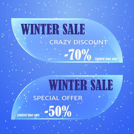 Glass sale tag, badges, labels or banner for Christmas on blue background. Vector illustration for holiday collection.のイラスト素材