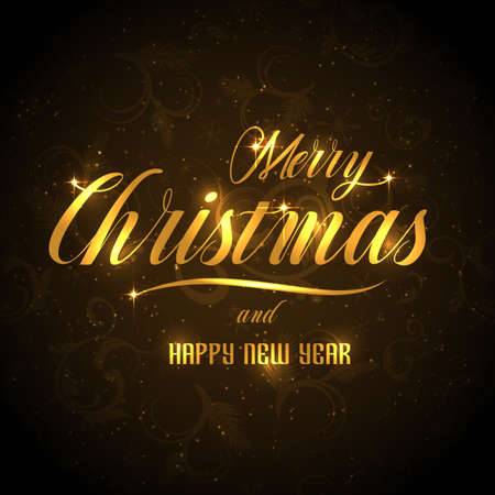 Merry Christmas and Happy New Year greeting card, background or poster with gold lettering. Vector illustration for holiday collection.のイラスト素材