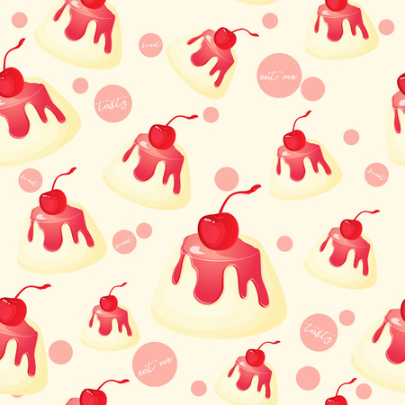 Colorful seamless pattern with tasty dessert panna cotta and maraschino cherry in cartoon style, vector illustration for desserts collection.のイラスト素材