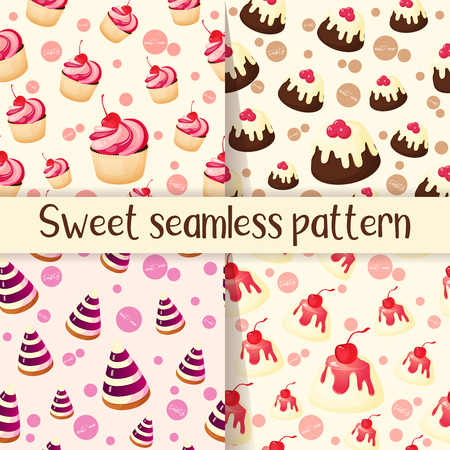 Set of colorful seamless pattern with tasty desserts in cartoon style. Cupcake, jelly, chocolate pie and pannacotta. Vector illustration for Desserts Collection.のイラスト素材