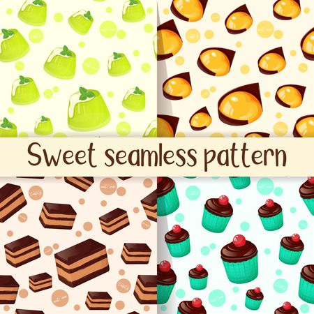 Set of colorful seamless pattern with tasty desserts in cartoon style. Cupcake, cake, jelly and mango yuzu dessert. Vector illustration for Desserts Collection.のイラスト素材