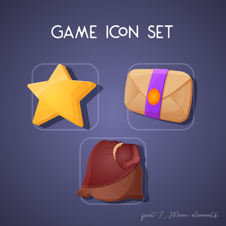 Set of game icon in cartoon style. Menu elements: star, letter and pouch. Bright design for app user interface. Part 1. Vector illustration. Icons Collection.のイラスト素材