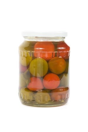 A jar of chilli peppers isolated on white backgroundの写真素材