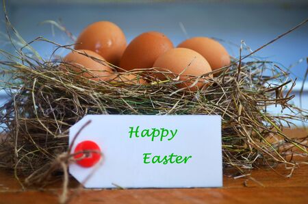 Easter eggs in a bird nest and a greeting card.