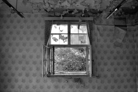 Old broken window with curtainsの写真素材