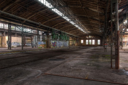 Old hall with tracks for locomotives