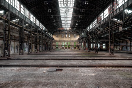 Old locomotive hall for repairs with tracksのeditorial素材