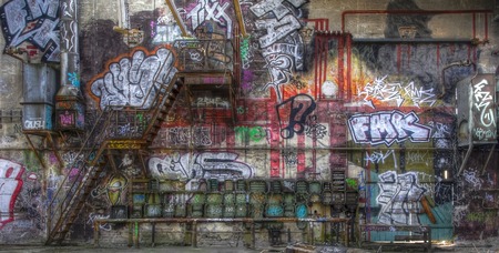 Fuse box graffiti and a staircase on a wallのeditorial素材