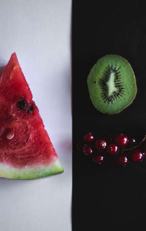 Different fruits on colorful abstract background, diversityの写真素材