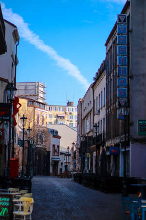 Downtown street in Bucharest, Romania 2019, people walking, vacation, beautiful dayの写真素材