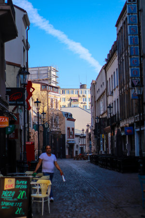 Downtown street in Bucharest, Romania 2019, people walking, vacation, beautiful dayのeditorial素材