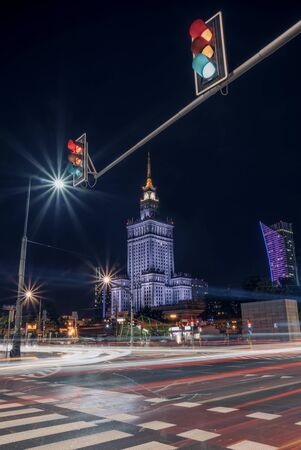 Palace of culture and science in Warsaw at nightのeditorial素材
