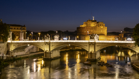 Night view of Rome, bridge across of Tiber river, Saint Angel Castleのeditorial素材
