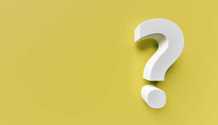 White question mark on yellow background. 3d rendering. Copy space on the leftの写真素材