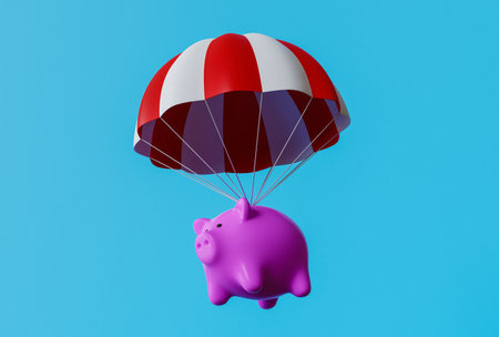 Pink piggy bank falling safely on parachute. Safety of savings concept. 3d rendering