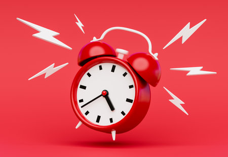 Ringing red alarm clock on red background. 3d rendering of a clock sounding loud alarmの写真素材