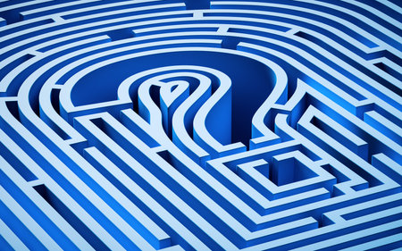Labyrinth in a shape of question mark. 3d rendering 3d illustration. Blue background.