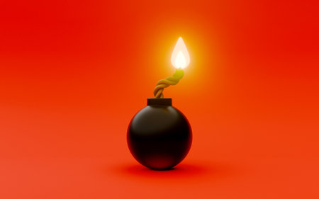 A bomb with fuse lit on a red background. 3d render illustration.