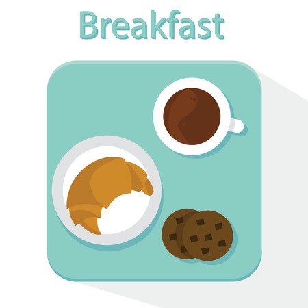 Breakfast concept with fresh croissant, cookies and coffee  flat icons set vector illustration.のイラスト素材