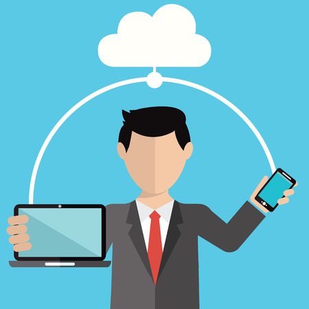 Businessman using cloud storage for smart phone and laptop. Vector illustration in flat design styleのイラスト素材