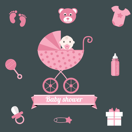 Baby shower icons set  girl pink.のイラスト素材