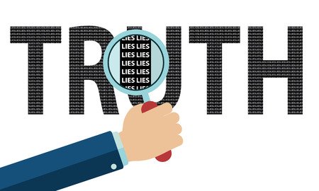 Truth made of lies, hand with magnifing glass.のイラスト素材