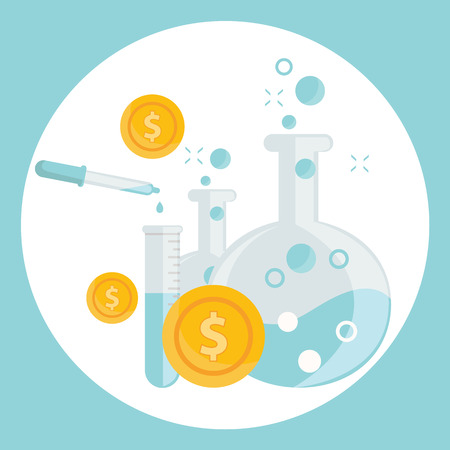Business concept of alchemy experiment for generating money and ideas with laboratory equipments in flat design.のイラスト素材