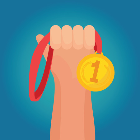 Hand holding golden medal champion prize winner reward.のイラスト素材