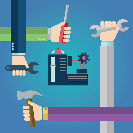 Construction concept of hands with tools, repairing machine.のイラスト素材