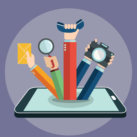 Smart phone concept, hand coming out, apps and functions.のイラスト素材