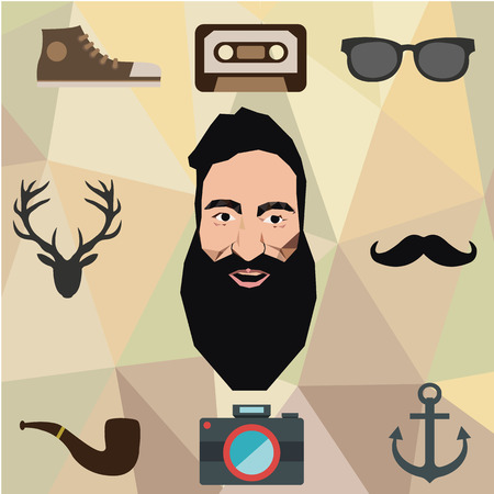 Hipster character design with hipster elements and icons.Vector illustrationのイラスト素材