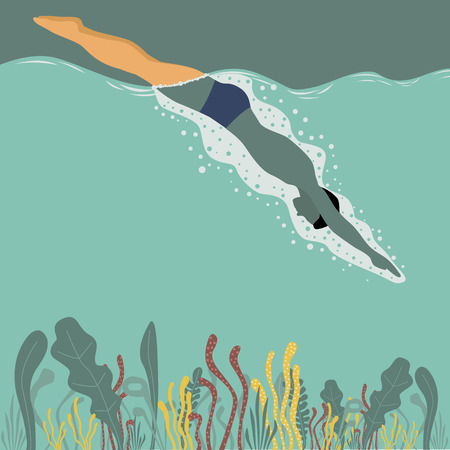 Man jumping, diving and swimming in waterのイラスト素材